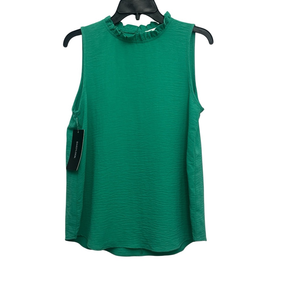 Rielle Sleeveless Ruffle Neck Blouse Size Medium Emerald Green Crepe NWT